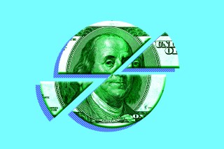 Photo illustration of a pie chart made of money with two slivers slightly removed.