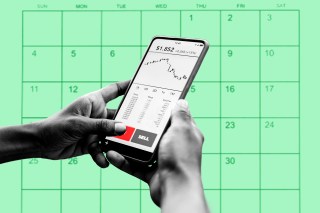 Photo illustration of hands holding a cell phone and using an app to buy stocks overlaid over an image of a calendar.