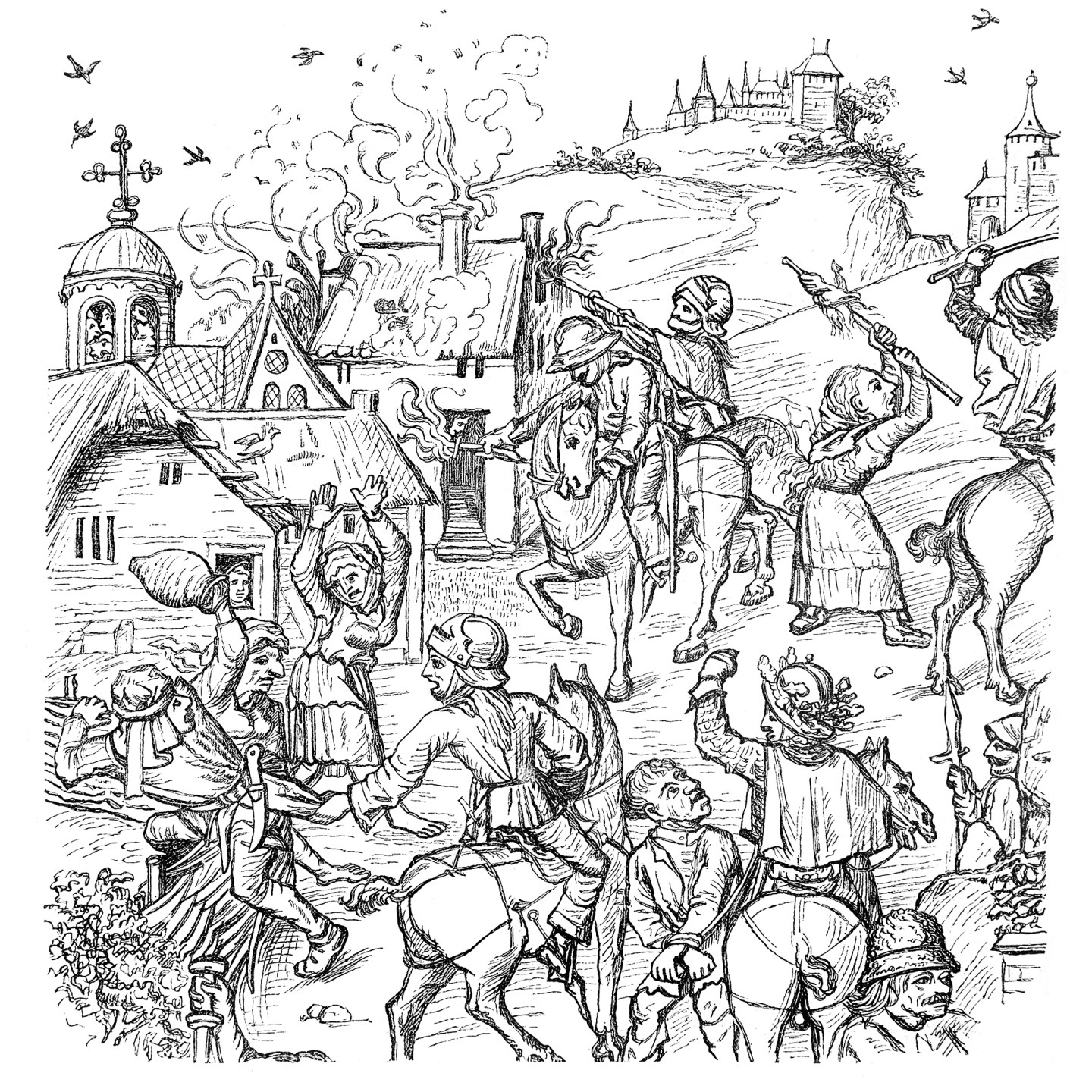 Illustration of an army looting a village in the Hussite wars 15th century.