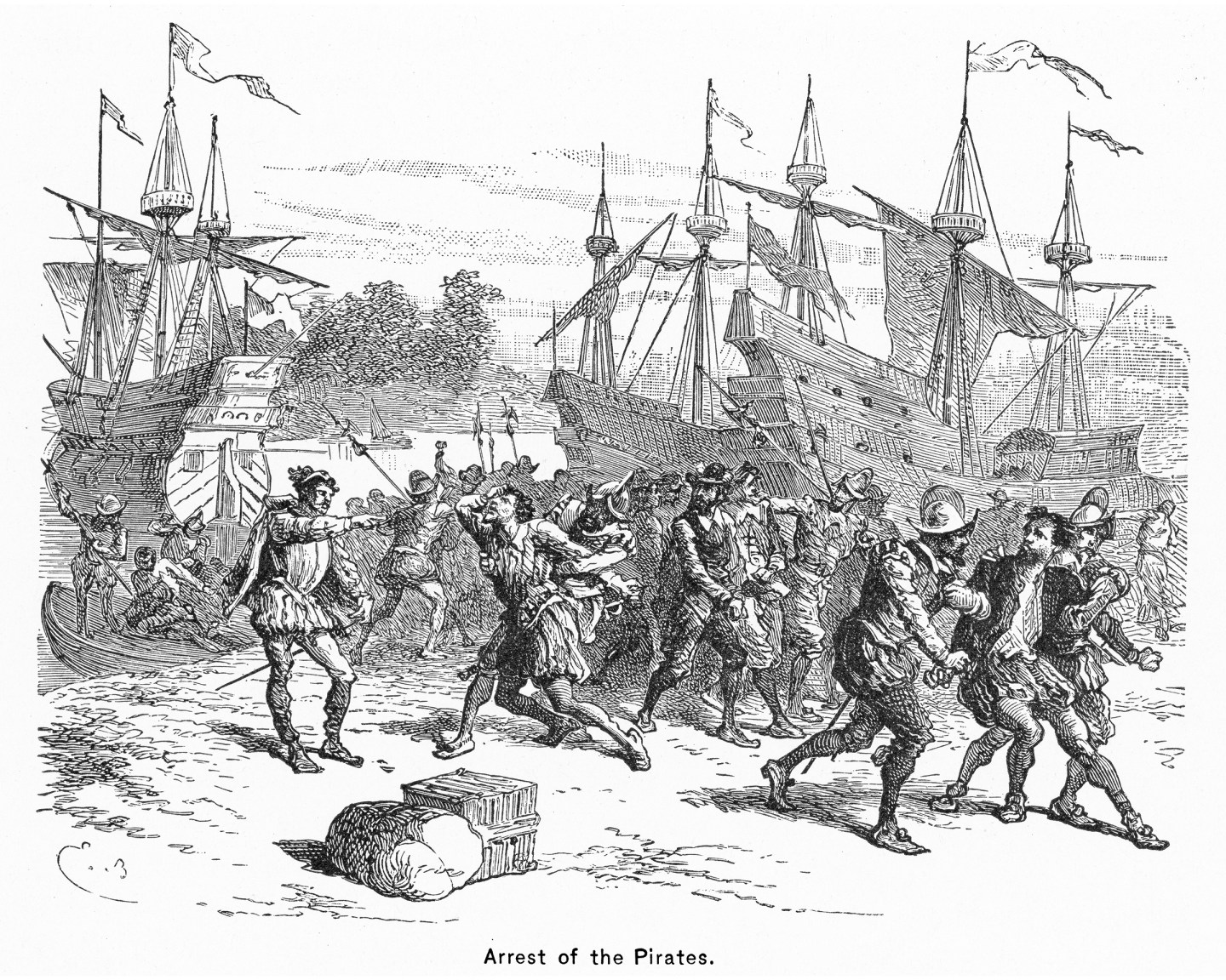 Old engraving illustration of arrest of the pirates.