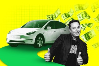 Photo illustration of Elon musk giving two thumbs up, a Tesla SUV, and scattered $100 bills.