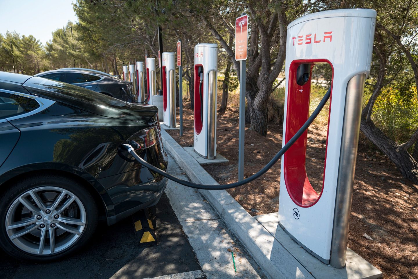 A Tesla electric vehicle charges at a charging station in San Mateo, Calif.