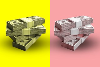 Photo illustration of two stacks of money, one over pink and one over yellow.