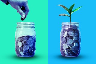 Photo illustration of a hand putting coins in a jar on one side, vs a jar full of coins with a plant growing from it on the other side.
