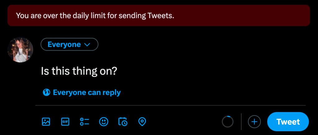 A tweet that reads "Is this thing on?" that is providing an error message.