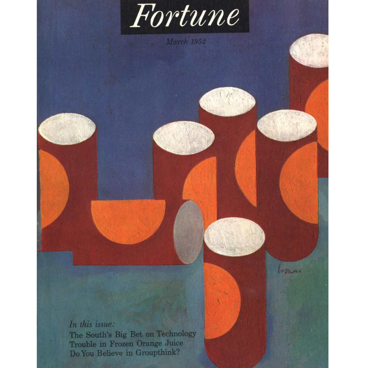 The cover of Fortune magazine March 1952, showing a drawing of cans of orange juice concentrate