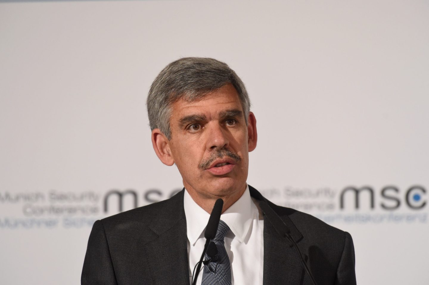 14 February 2020, Bavaria, Munich: Mohamed Aly El-Erian, former CEO of the Pacific Investment Management Company, speaks on the first day of the 56th Munich Security Conference. Photo: Felix Hörhager/dpa (Photo by Felix Hörhager/picture alliance via Getty Images)