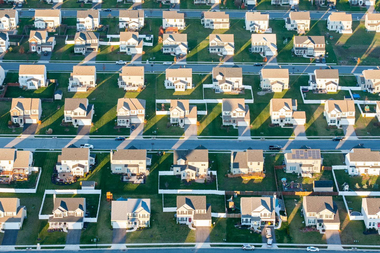 Aerial view of rows of suburban tract houses over Centerville, Maryland