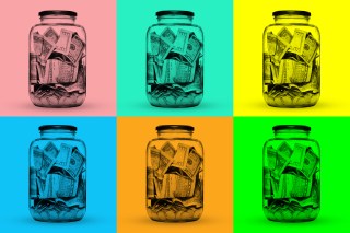 Photo illustration of a patte of jars with coins and cash in them, each on a different colored square.