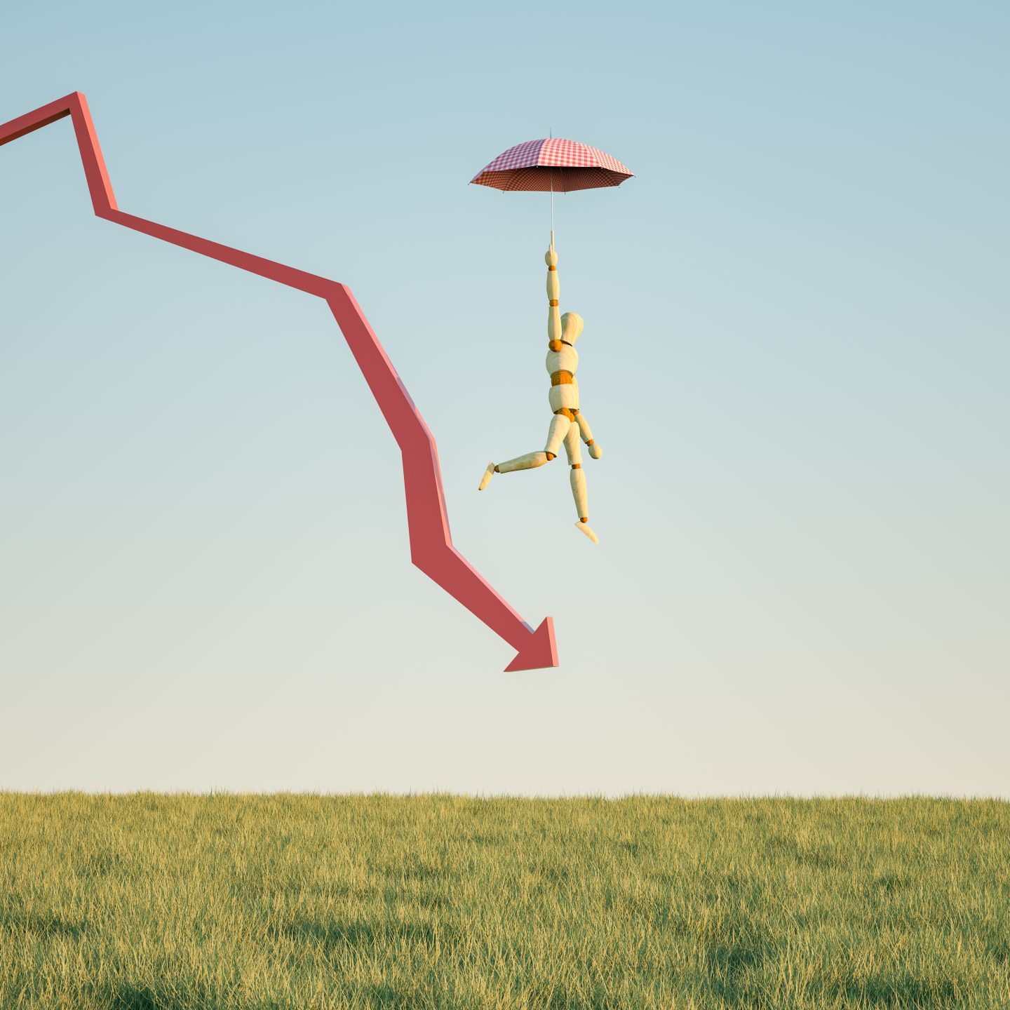 Mannequin with umbrella landing