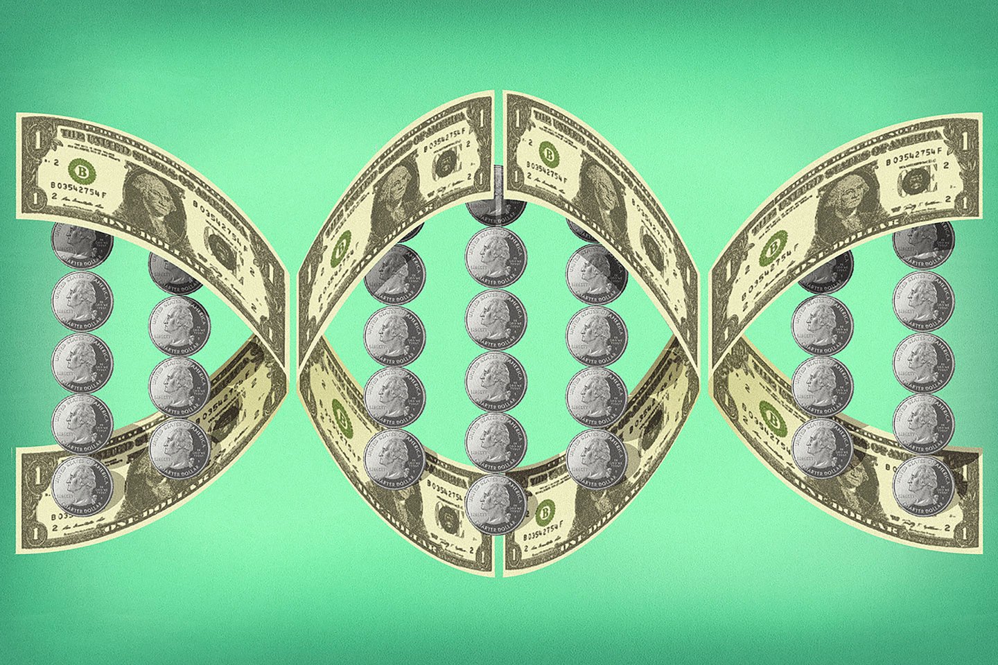 Artistic rendering of a DNA strand made out of dollar bills and quarters