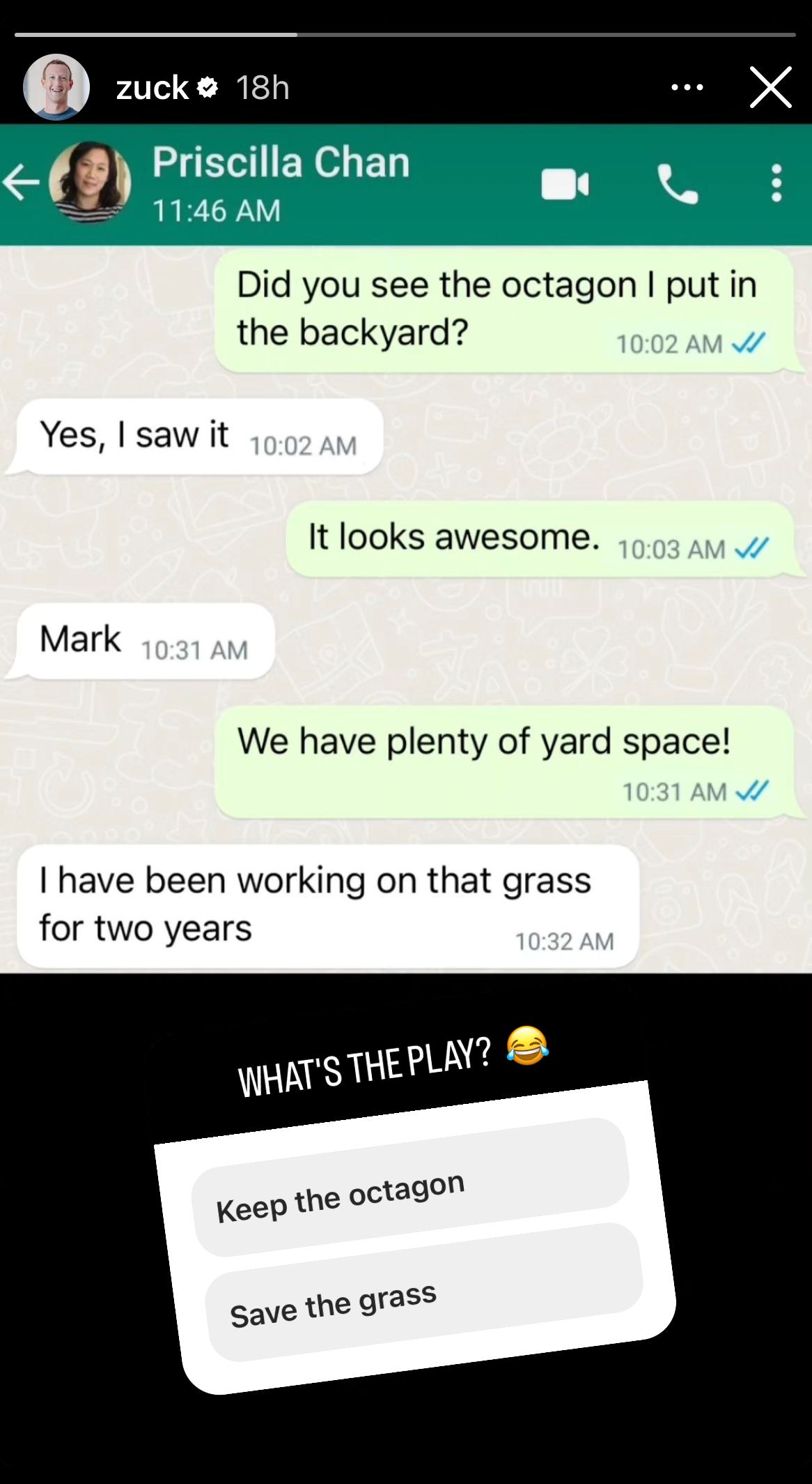 Zuckerberg's screenshot of his WhatsApp conversation with his wife, Priscilla Chan