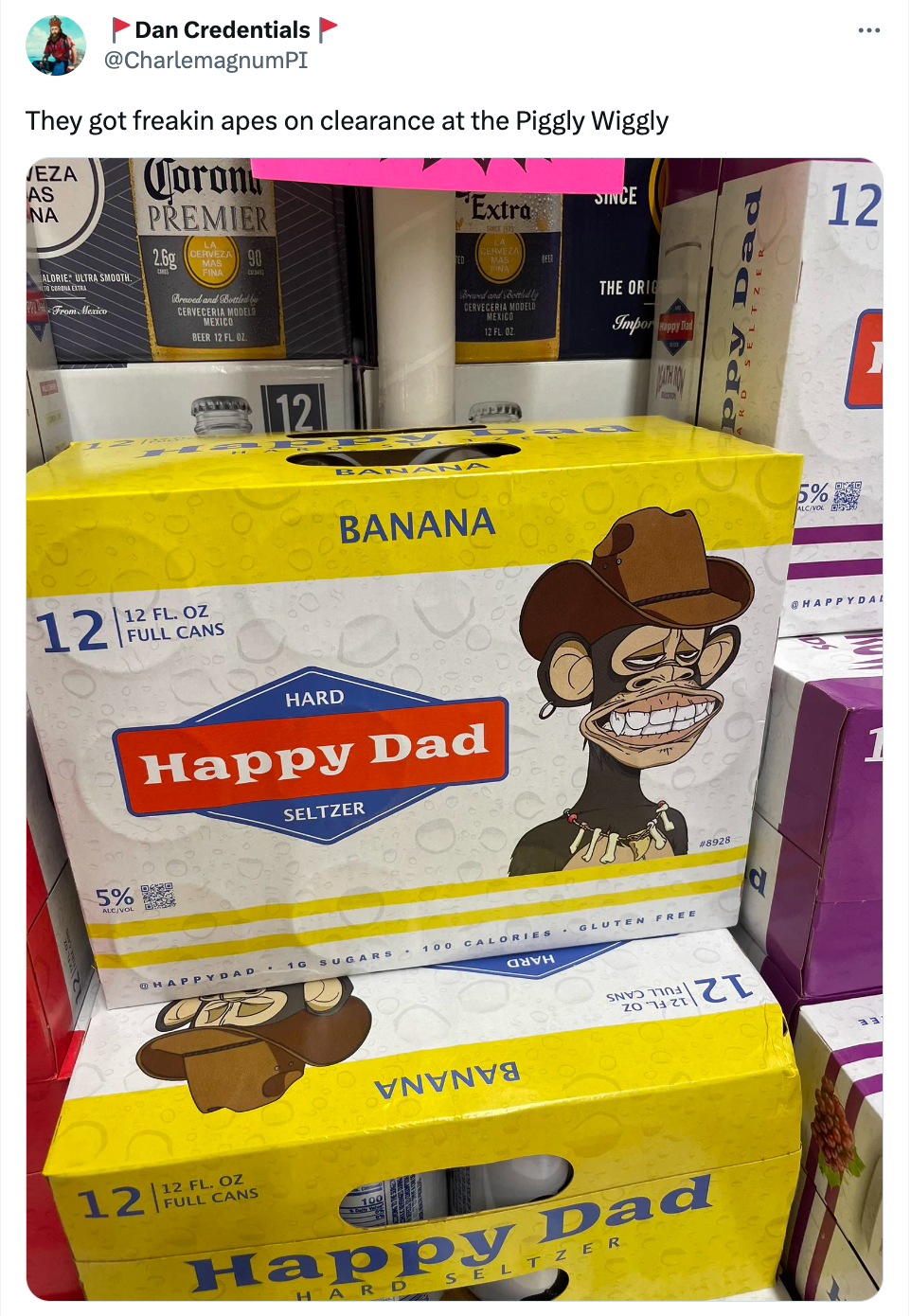 screenshot of a tweet depicting a case of beer with monkey graphic