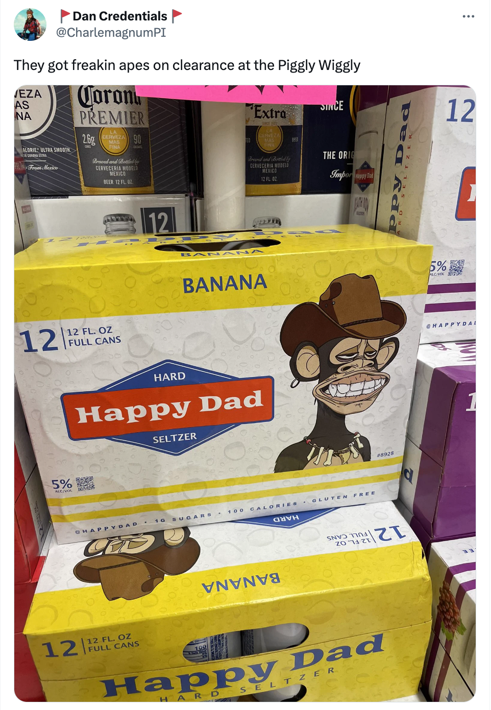 screenshot of a tweet depicting a case of beer with monkey graphic