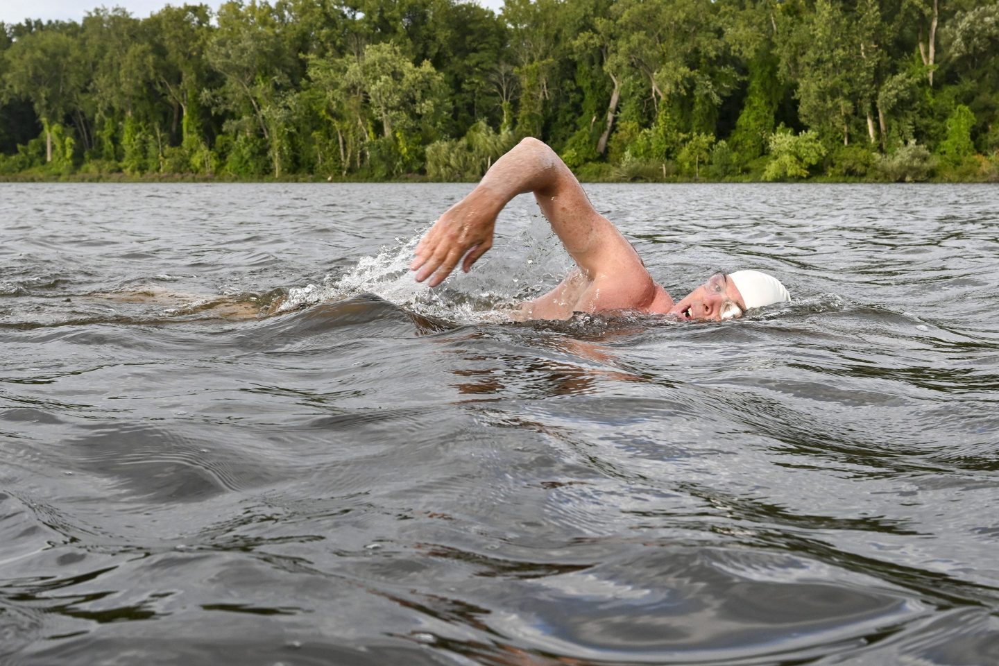Lewis Pugh swims down the Hudson past a forest.