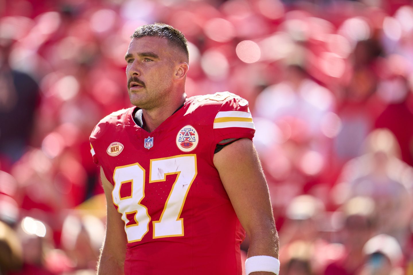Travis Kelce #87 of the Kansas City Chiefs looks on before kickoff against the Chicago Bears at GEHA Field at Arrowhead Stadium on September 24, 2023 in Kansas City, Missouri.