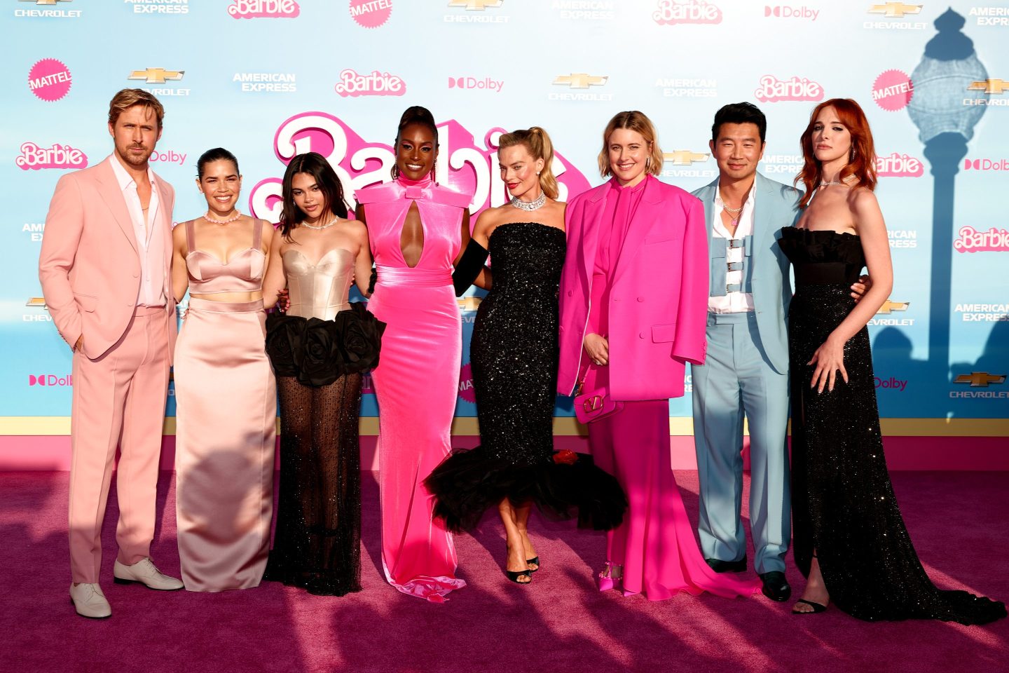 Ryan Gosling, America Ferrera, Ariana Greenblatt, Issa Rae, Margot Robbie, Greta Gerwig, Simu Liu and Hari Nef at the premiere of "Barbie" held at Shrine Auditorium and Expo Hall on July 9, 2023 in Los Angeles, California.