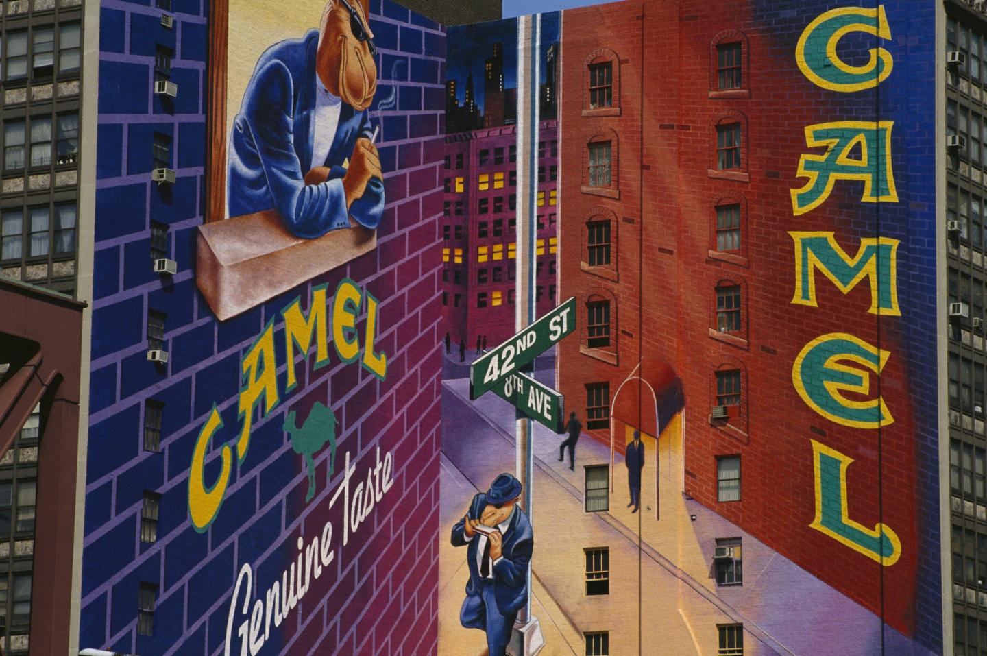A cigarette ad showing Joe Camel