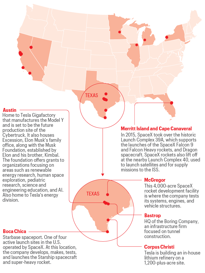 Map shows Elon Musk operation locations