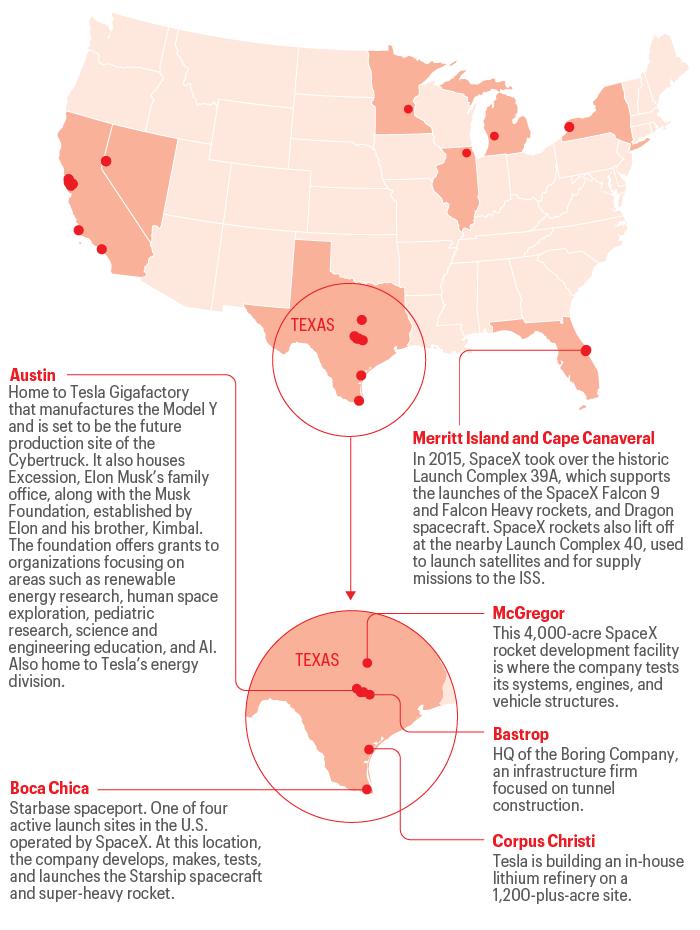 Map shows Elon Musk operation locations