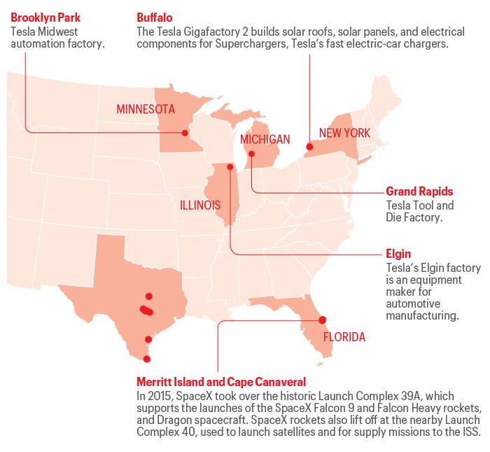 Map shows Elon Musk operation locations