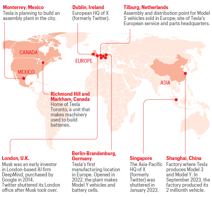 Map shows Elon Musk operation locations