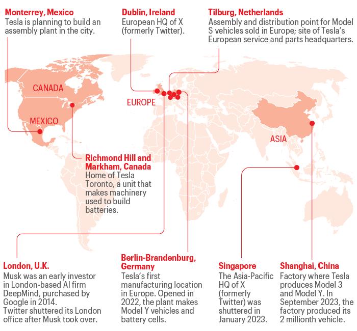 Map shows Elon Musk operation locations