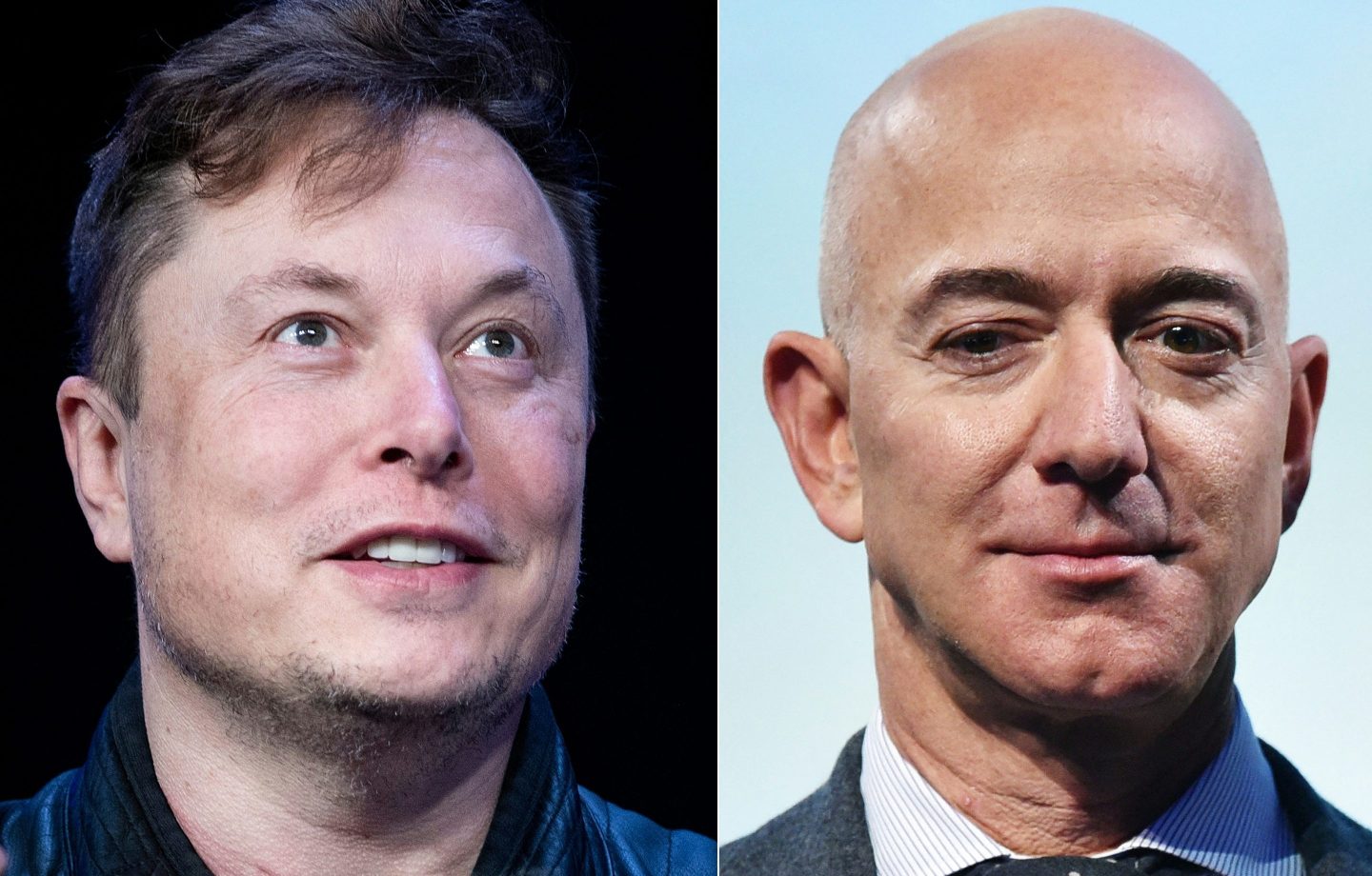 (COMBO) This combination of file photos created on July 15, 2020 shows SpaceX founder Elon Musk in Washington, DC, on March 09, 2020; and Blue Origin founder Jeff Bezos in Washington, DC, on October 22, 2019. A spat erupted on January 26, 2021, between Bezos and Musk, as the tech titans' space firms exchanged barbs over their rival satellite internet projects being evaluated by regulators. Bezos, in a statement, claimed Musk's rival SpaceX project Starlink was seeking design changes that could "create a more dangerous environment for collisions in space" and also increase radio interference. Musk responded by claiming that his plan is moving faster than his rival's. "It does not serve the public to hamstring Starlink today for an Amazon satellite system that is at best several years away from operation," Musk tweeted. (Photo by Brendan Smialowski and MANDEL NGAN / AFP) (Photo by BRENDAN SMIALOWSKI,MANDEL NGAN/AFP via Getty Images)