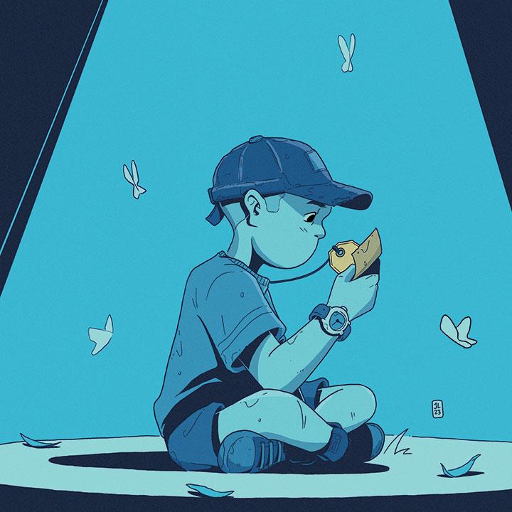 Illustration of boy sitting on floor holding a tag.